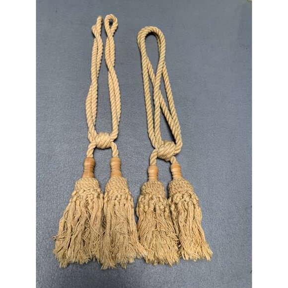 Vintage Beige Tassel Curtain Tiebacks with Wooden Accents Set of 2 - Picture 7 of 13